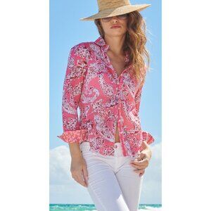 Cino Corsica Shirt Paisley Geranium Button Down Small 100% Cotton Crinkle Boho